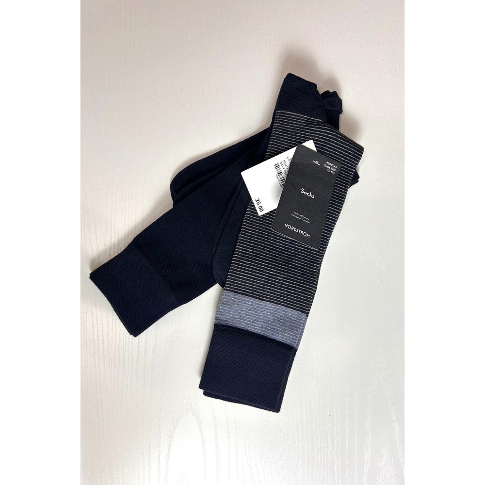 Nordstrom Navy Peacoat Multi Striped Cotton Blend Crew Socks 2 Pair 7.5-12.5 NEW